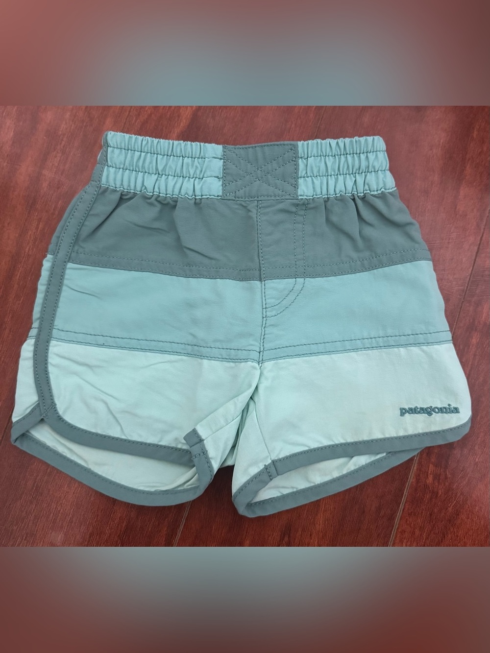 Patagonia Kids Swim Trunks in Light Teal and Slate Green